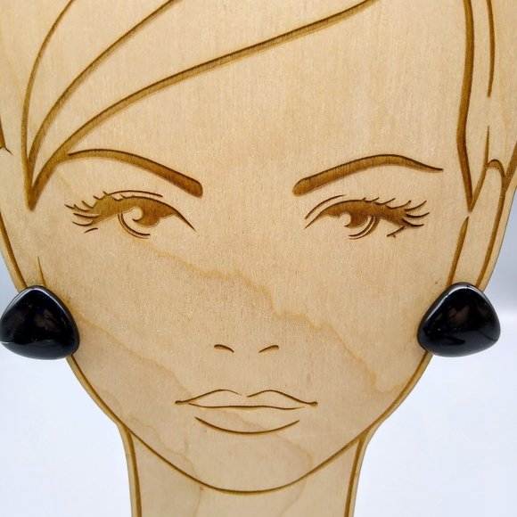 Basic Black Lucite Earrings, Neutral Vintage Rounded Triangle Geometric Clip Ons - Picture 1 of 4